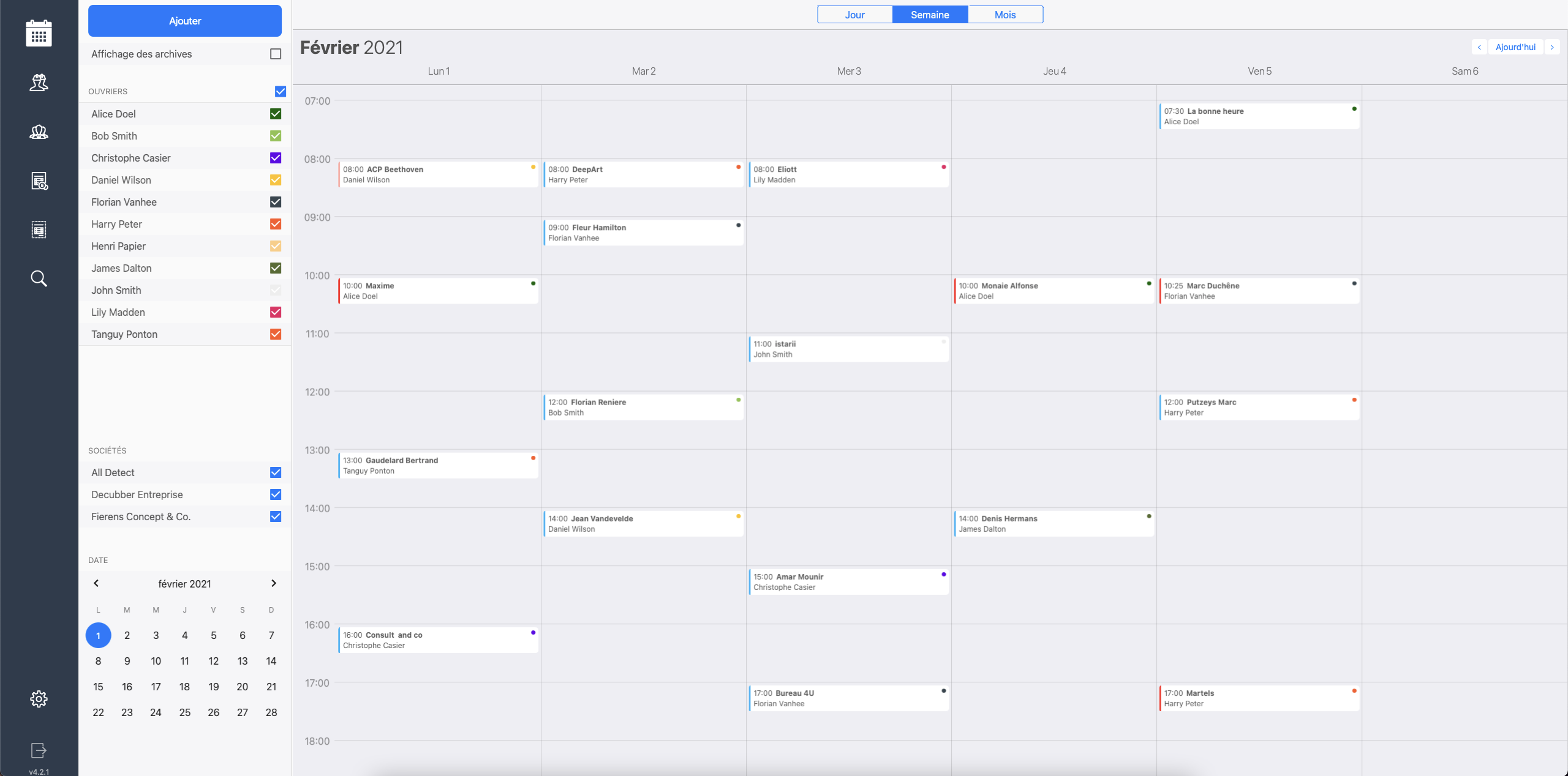 Calendar view of the application